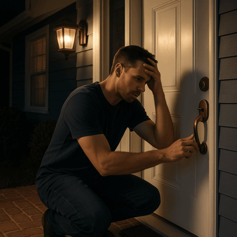 A man kneels at a front door examining the lock and handle under a lit porch light.