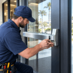 A uniformed technician adjusts a metal panic bar on a glass entrance door using a screwdriver.