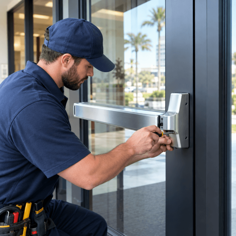 A uniformed technician adjusts a metal panic bar on a glass entrance door using a screwdriver.