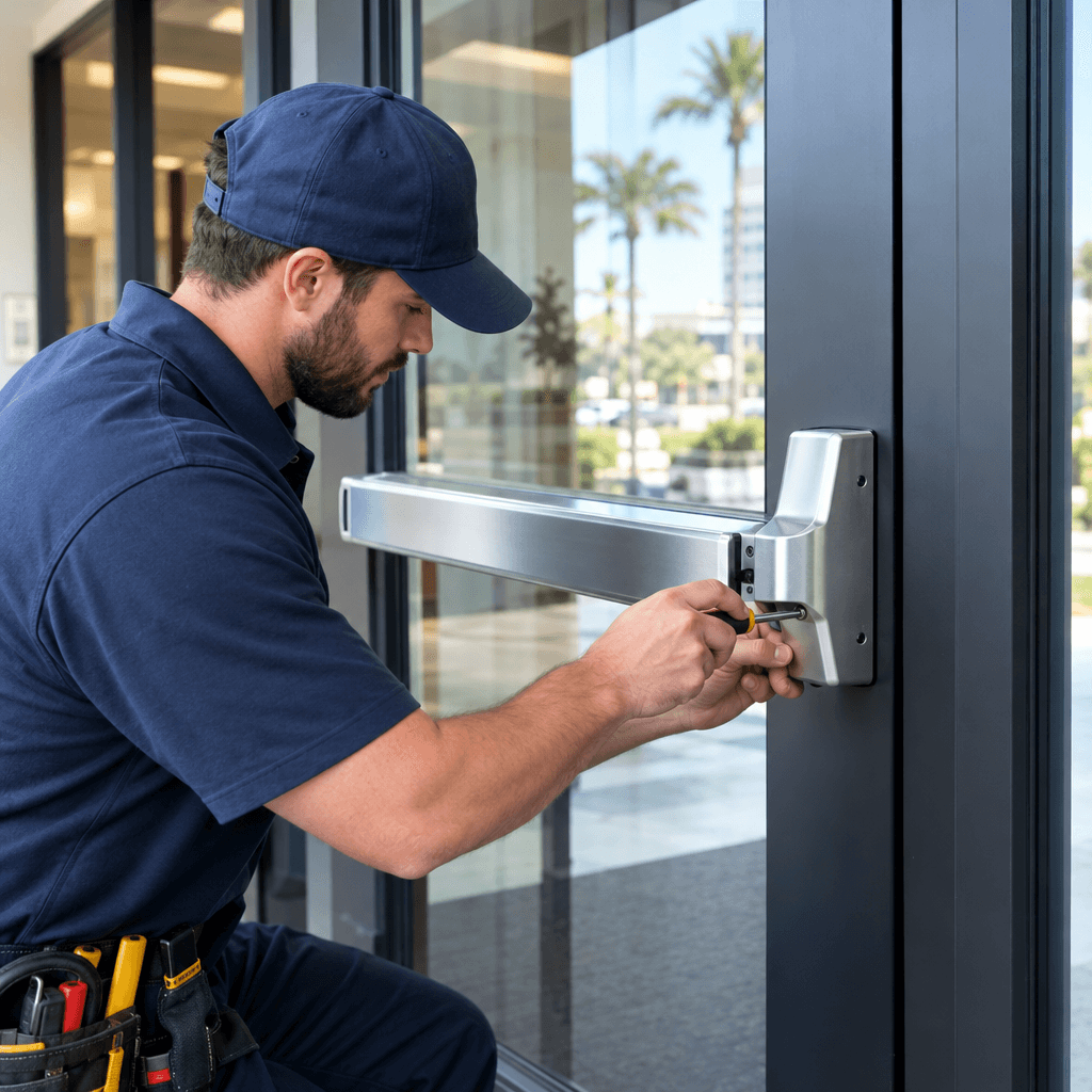 A uniformed technician adjusts a metal panic bar on a glass entrance door using a screwdriver.