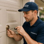 A locksmith in a navy uniform is using a screwdriver to work on a door lock.